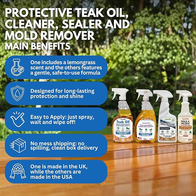 Loveable EcoDecors Complete Teak Care Bundle - 24oz Teak Oil, 32oz Cleaner, 16oz Protexion, and 32oz Stain Remover