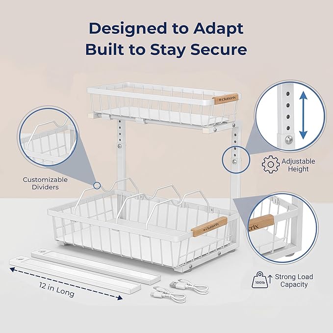 Under Sink Organizer, 2 Pack, 2 Tier Sliding L-Shaped Carbon Steel Rack with Adjustable Height, Motion-Activated LED Lights, Dividers & Hooks (White)