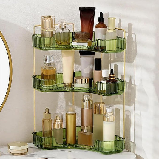Corner Bathroom Countertop Organizer, Vanity Trays for Bathroom Counter, Makeup Organizer, Perfume Tray, Kitchen Spice Rack, Fits 90 Corner(Green, 3 Tiers)