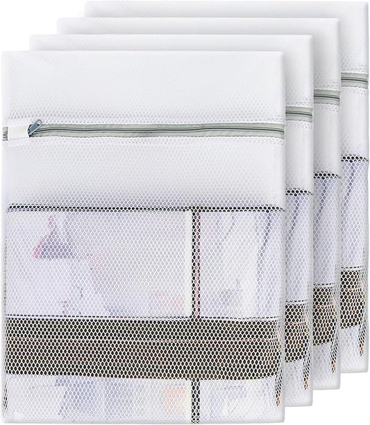 4PCS Large Mesh Laundry Bags for Delicates - 12x16 Inch White Honeycomb Wash Bags for Lingerie, Sweaters, Shoes