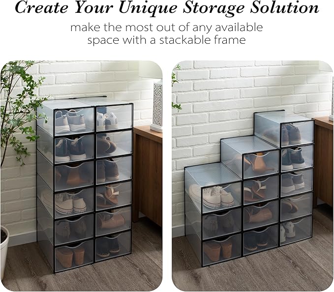 Simplify Set of 12 Stackable Shoe Boxes | Customizable | Fits Size 11 Shoes | Drop Front Design | Closet Storage | Sneakers | Heels | Clear and Black