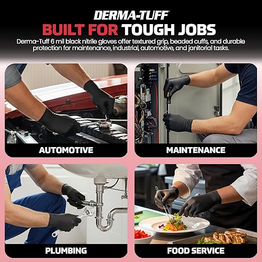 Derma-Tuff Powder Free Nitrile Disposable Gloves 6 Mil - Lg 120 Ct Latex Free, Chemical + Puncture Resistant, Fully Textured Grip, Beaded Cuff, for Automotive, Maintenance, Industrial 66583