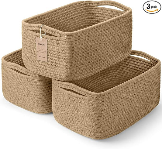3-Pack Storage Baskets for Organizing | Woven Shelf Toy Basket | Rope Baskets for Gifts Empty | Closet Organizer Bins with Handles | Cube Decorative Box | 11.8×7.8×5.1” | Brown