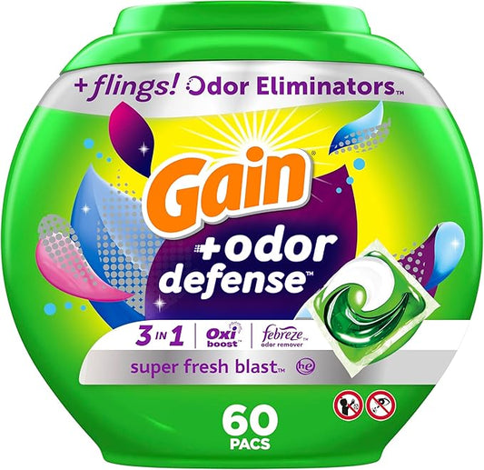 Gain Flings Laundry Detergent Pacs with Odor Defense, 60 Count, Super Fresh Blast Scent, HE 3in1 Detergent Pacs with Febreze and Oxi