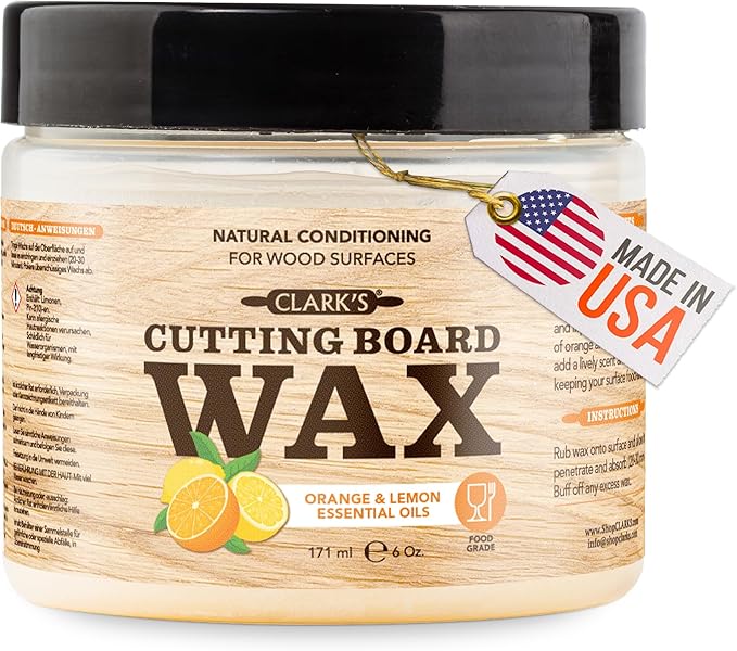 CLARK'S Cutting Board Wax - 2-in-1 Wood Butter & Food Grade Mineral Oil with Beeswax – Butcher Block Conditioner for Cutting Boards – Orange & Lemon Essential Oil Scent – Made in USA, 6oz