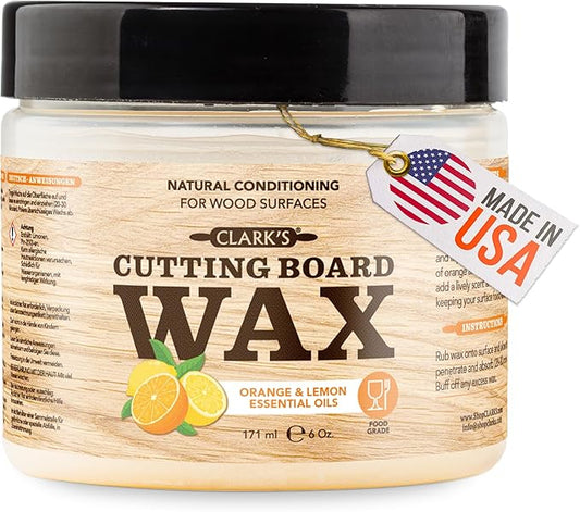 CLARK'S Cutting Board Wax - 2-in-1 Wood Butter & Food Grade Mineral Oil with Beeswax – Butcher Block Conditioner for Cutting Boards – Orange & Lemon Essential Oil Scent – Made in USA, 6oz