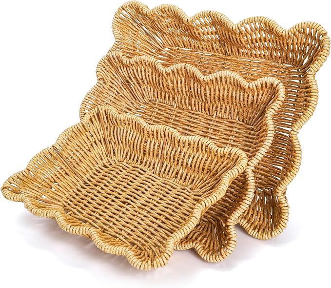 Jucoan 3 Pack Poly Wicker Bread Baskets, Imitation Rattan Fruit Baskets, Rectangular Tabletop Woven Serving Baskets Trays for Fruits Vegetables and Snacks, Restaurant Hotel Kitchen
