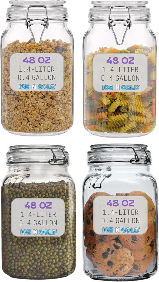Airtight Glass Storage Jars with Clamp Lid – Food Storage Containers with Rubber Gasket Seal – Pantry & Kitchen Canisters for Dry Goods, Coffee, Sugar, Pasta – 0.4L to 4L Sizes (4, 48oz | 1.4L)