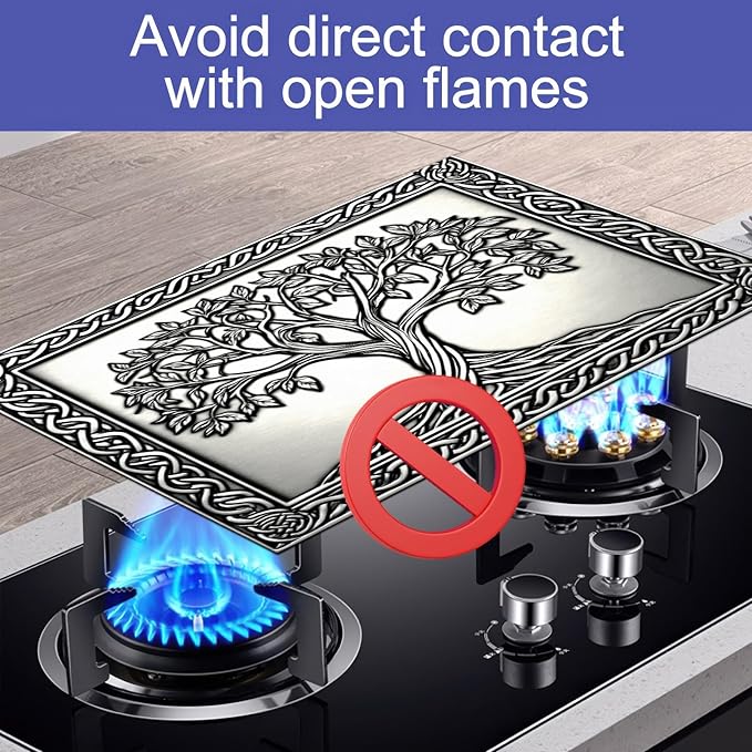 Tree of Life Stove Top Cover for Electric Stove Silver Embossed Celtic Design Dish Drying Mat 28x20 Inch Decorative Kitchen Protector Fit Under Coffee Maker