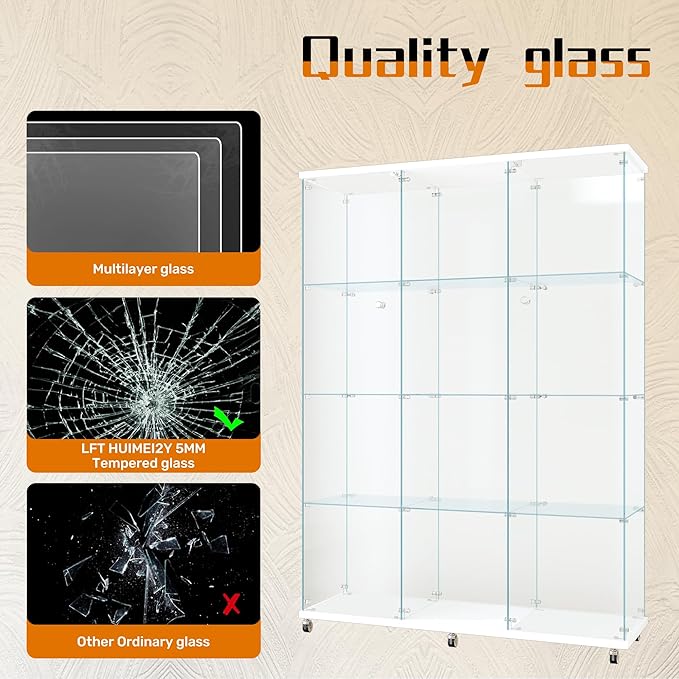 LFT HUIMEI2Y Glass Display Cabinet 12 Shelves with 3 Columns 2 Doors and Lock, Extra Large DIY Curio Cabinets Quick-Install Style Tempered Glass Floor Standing Bookshelf for Living Room, Kitchen White