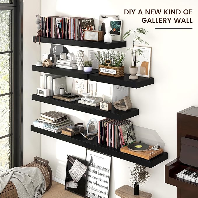 Floating Shelves for Wall, 40" W x 12" D x 2" H, 1 Pack of Long Wall Mounted Engineered Wood Shelves with Invisible Brackets for Living Room, Bedroom, Bathroom, Kitchen Decor, Black
