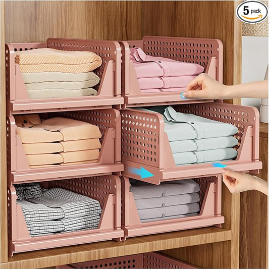 SNSLXH 5 Pack Stackable Closet Organizer Box, Multifunctional & Foldable Closet Storage Basket for Bathroom Kitchen Laundry Room Wardrobe Storage, Space-Saving Clothes Storage Drawer Organizer, Pink