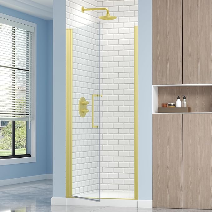 Frameless Pivot Shower Door 32.8-34" W X 72" H, 1/4" (6mm) Clear SGCC Tempered Glass, Hinged Pivot Swing Shower Door, Reversible Installation, Easy to Clean, Brushed Gold