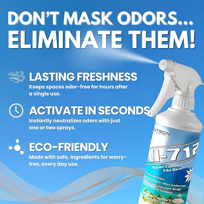Neutron Industries NI-712 Tiki Beach Odor Eliminator Spray (1 bottle) – Powerful, Long-Lasting Odor Neutralizer – Instant Air Freshener for Home, Car & More – Pint-Sized (16 oz)