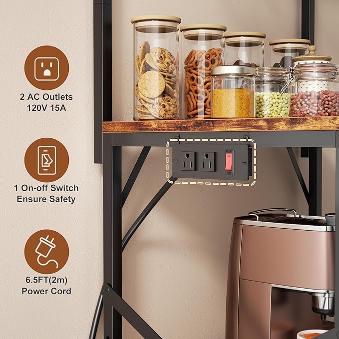 Kitchen Bakers Rack with Power Outlet, Small Coffee Bar Cart 4 Tiers, Microwave Stand Station with 8 S Hooks, Adjustable Shelf, Freestanding Kitchen Appliance Organizer, Rustic Brown