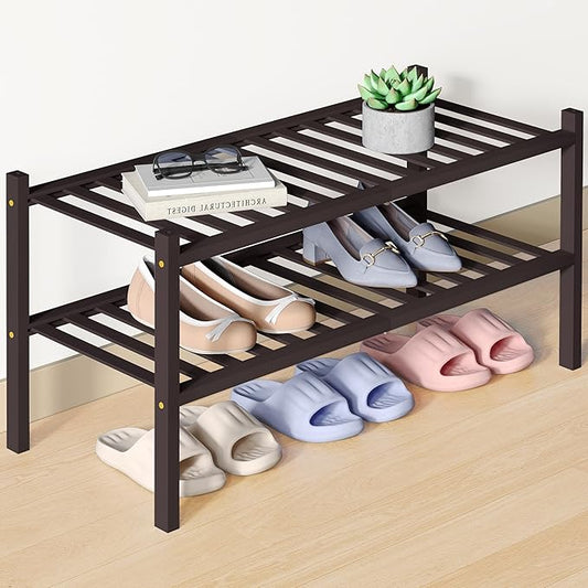 Smiry Bamboo Shoe Rack for Closet, 2 Tier Wooden Stackable Shoe Organizer, Free Standing Shoes Storage Shelf for Entryway, Front Door Entrance, Brown