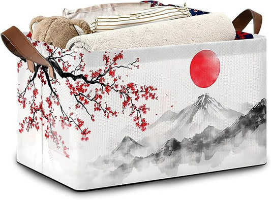Cherry Blossom Collapsible Storage Box,Red Sun Japan Organizer Bin with Handles for Room Decoration,Bins Book Basket Box 17x11.5x10Inch