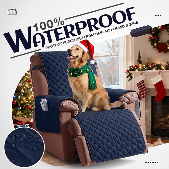 KinCam 100% Waterproof Recliner Chair Cover, Reclining Couch Covers for Pets, Dogs, Recliner Couch Slipcover Furniture Protector with Elastic Straps for Kids(28", Dark Blue)