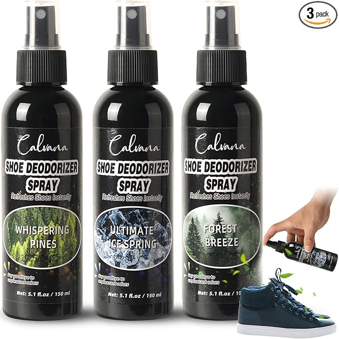 (3-Pack) Calvana 5.1 fl.oz Heavy Duty Shoe Deodorizer Spray Kit, Multi-Purpose Odor Remover for All Types of Footwear, Extra Strength, Portable & Travel-Friendly