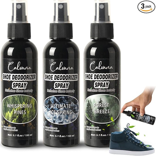 (3-Pack) Calvana 5.1 fl.oz Heavy Duty Shoe Deodorizer Spray Kit, Multi-Purpose Odor Remover for All Types of Footwear, Extra Strength, Portable & Travel-Friendly