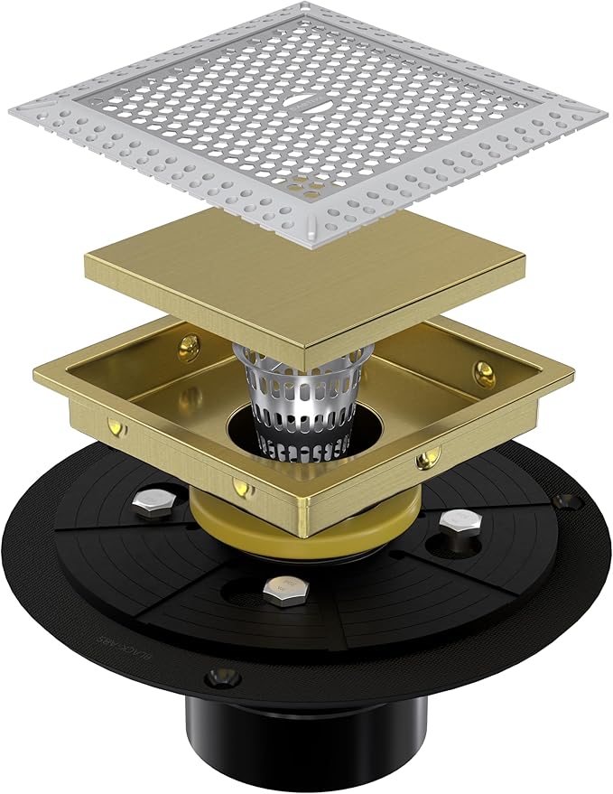 4 Inch Gold Square Shower Drain Kit with Flange,Modern Floor Drain with 2-in-1 Cover Tiled Insert Grate,Stainless Steel SUS 304
