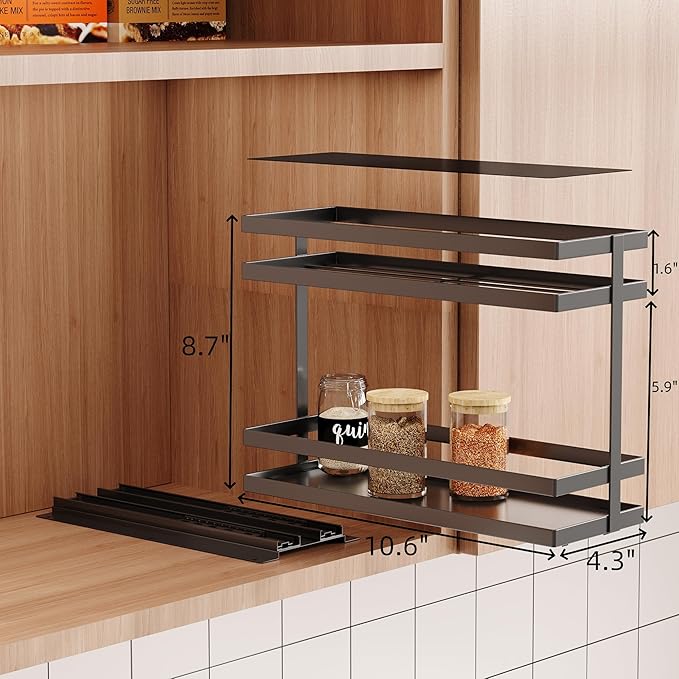 Pull Out Spice Rack Organizer for Cabinet, 1 Pack Metal Seasoning Organizer Slide Out Spice Storage Shelf No Assembly Vertical Spice Rack Pullout for Kitchen Cabinets(2 Tier, Matte Black)