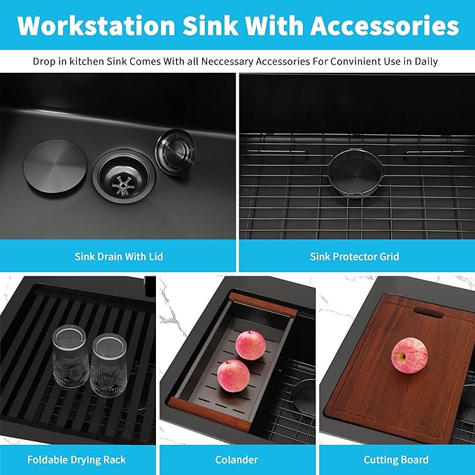 Drop In Black Kitchen Sink,Stainless Steel Sink 16 Gauge,Single Bowl Workstation Sinks (Black, 31" X 22")