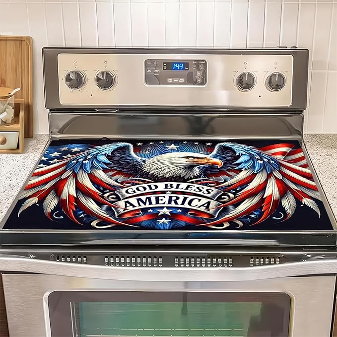 Stove Top Cover 28x20 Inch Diatomite Kitchen Mat God Bless America Eagle Design Counter Protector Heat Resistant Drying Pad for Electric Glass Cooktop Patriotic Kitchen Decor