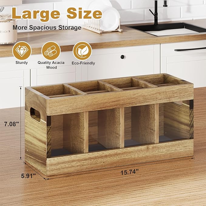 Acacia Rustic Wood Utensil Holder, Extra Large Cooking Holder with Drying Stone Base and 8 Compartments, Farmhouse Kitchen Countertop Organizer