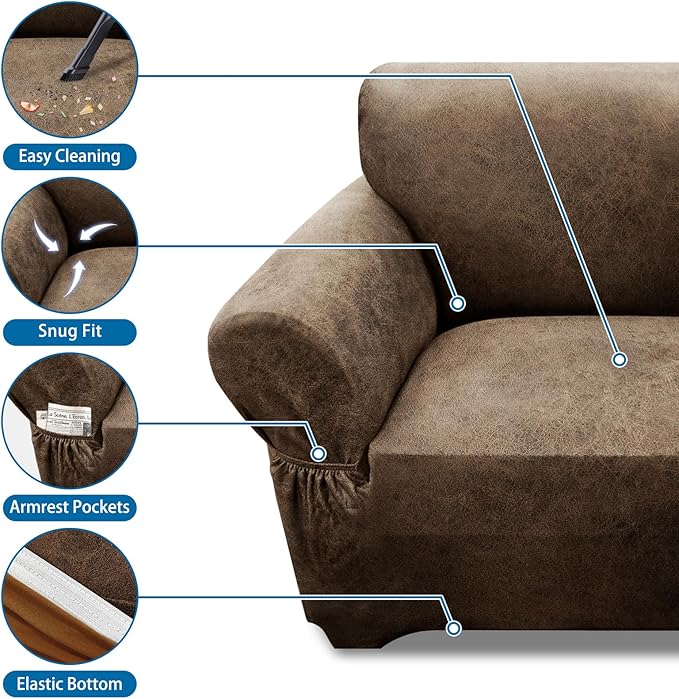 Couch Cover Leather Look 3 Seater Couch Sofa Cover 1-Piece Sofa Slipcover Stretch Furniture Protector with Elastic Bottom & Pockets(Sofa, Light Brown)