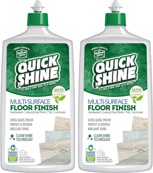 Quick Shine Multi-Surface Floor Finish-Polish 27oz-2pk | Safer Choice, No PFAS, pH Neutral Clean Shine Technology | Squirt & Spread | For Wood, Laminate, LVP, LVT, Tile & Stone | Made in USA