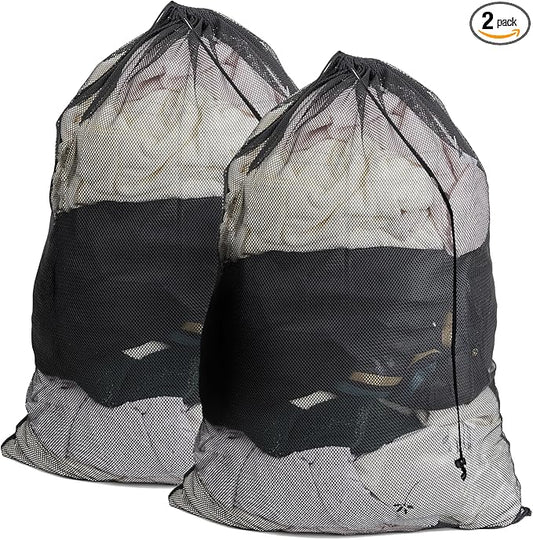 2 Pack Mesh Laundry Bags,24 x 35 Inches Heavy Duty Drawstring Dirty Clothes Bag for Camp,College,Dorm,Travel,Family,Apartment Dwellers,RV & Cruise Essentials(Black)
