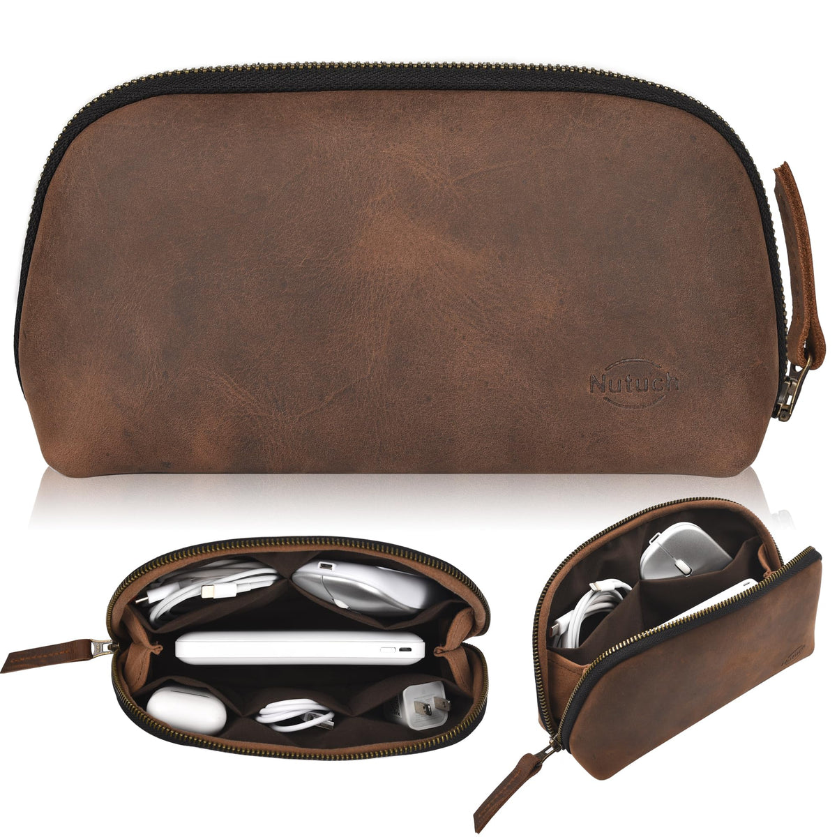 Leather Tech Pouch for Cables Chargers Phone | Tech Bag | Zipper - Image 1