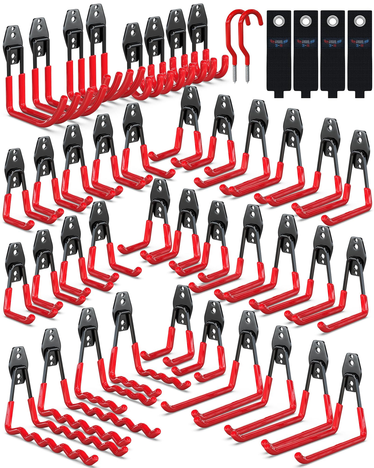 3-H Heavy Duty Garage Hooks, 46 Pack Wall Storage Organizer,Red - Image 1