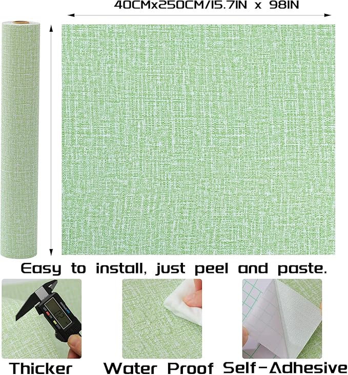 Peel and Stick Wallpaper Green Grass Cloth Wall Paper - 15.7 x 98 Inch Self Adhesive Wallpaper Peel and Stick, Easy to Paste Wall Contact Paper for Stand Liner, Table and Door Makeover Decor