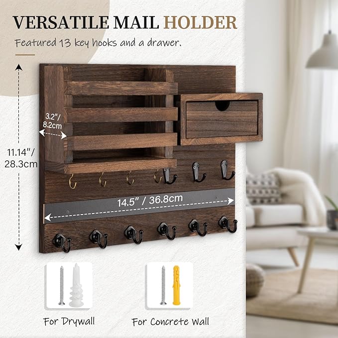 Nekon Key Holder Wall Mount, Rustic Mail and Keys Shelf for Wall Organization with 13 Hooks, Home Decor Accessory with Drawer, Brown