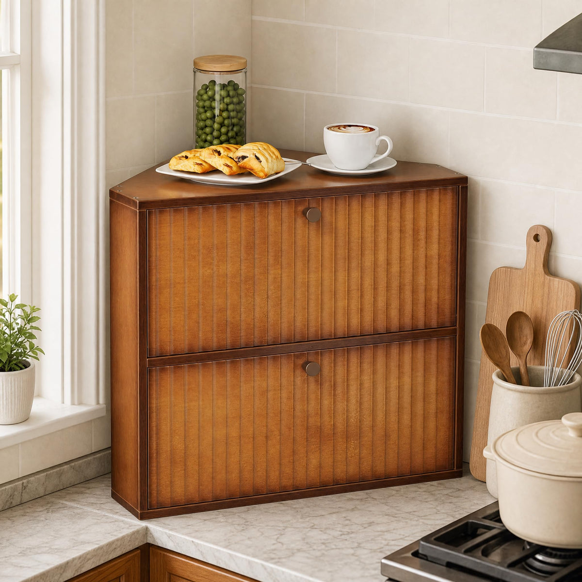 Trironsun Corner Bread Box for Kitchen Countertop Bamboo Two - Image 1