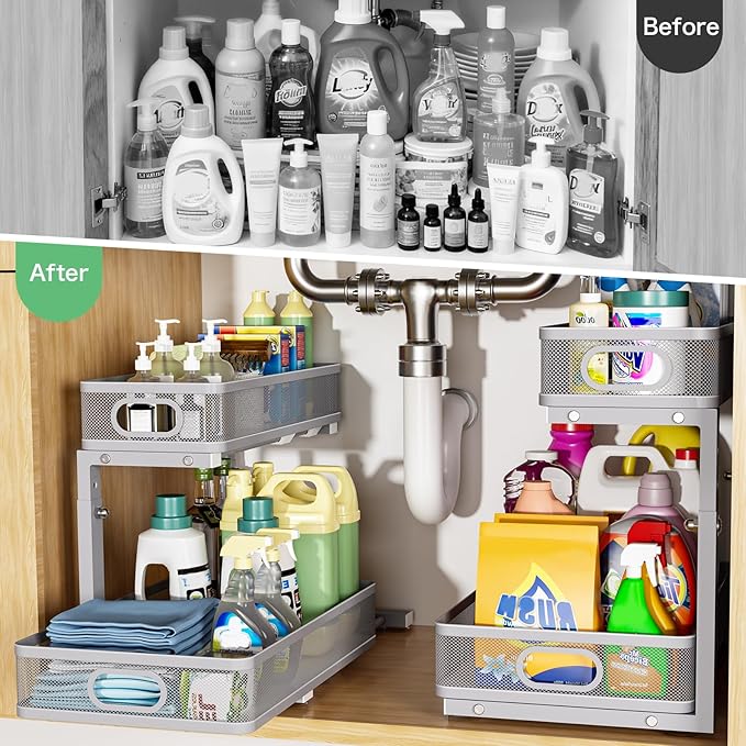 Under Sink Organizer, Height Adjustable 2 Tier Under Sink Organizers and Storage, Slide Out Metal Cabinet Organizers, Pull Out Sink Storage Drawer Shelf for Kitchen Bathroom Cabinet, Grey, 2 Pack