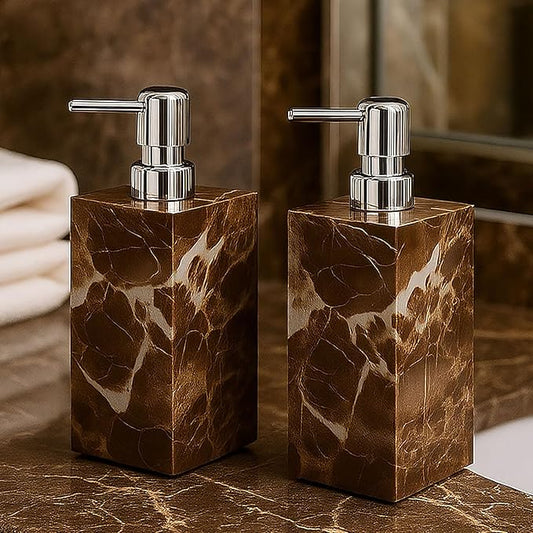 2 Pack Real Natural Marble Soap Dispenser with Stainless Steel Pump Decorative Liquid Hand Soap Bottle for Kitchen Bathroom, Compatible with Lotion, Dish Soap Shower Gel (Coffee 2 Set)