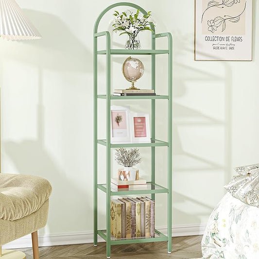 Bookcase Bookshelf, Tempered Glass Bookshelves, Slim Shelving Unit for Bedroom, Bathroom, Home Office, Steel Frame, 5 Tier Green BC05099C