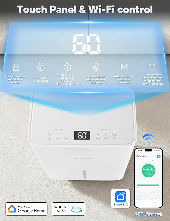 2500 Sq.Ft Dehumidifier for Home Basement 34 Pints Max - Smart WiFi Controlled Dehumidifier with Drain Hose Dry Clothes 24HR Timer 1.6L tank for RV Bedroom Bathroom Homelabs Office Large Room