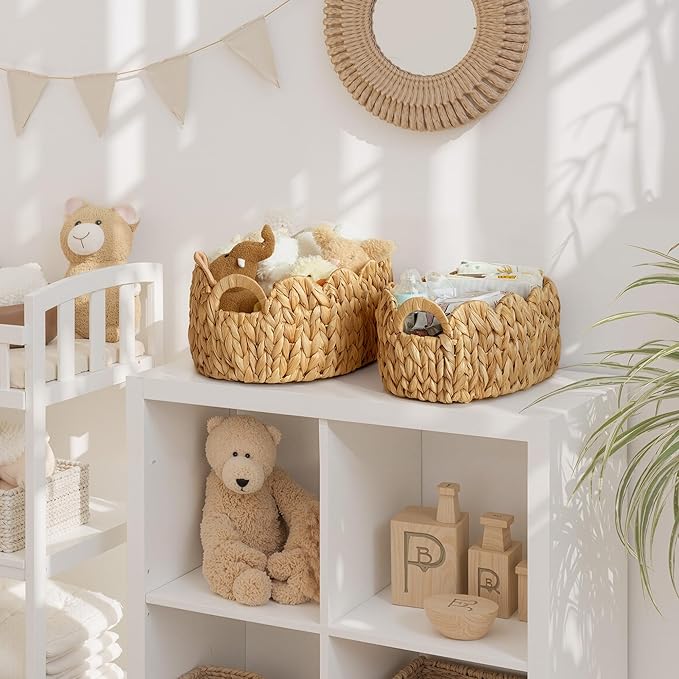 StorageWorks Scalloped Wicker Basket, Woven Baskets for Storage, Rattan Baskets with Handles, Paper Rope Basket for Organizing and Decor, 2 Pack