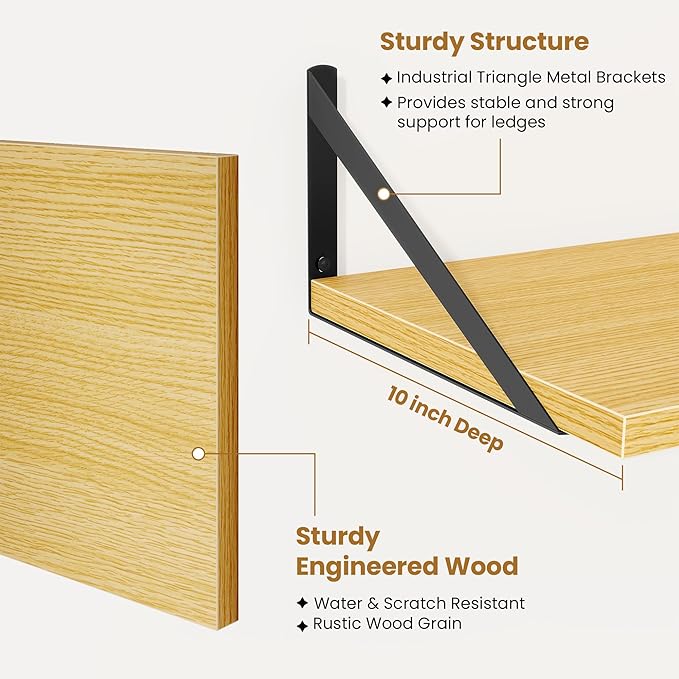 48inch Floating Shelves for Wall,10" Deep Floating Shelves with Metal Brackets,Wall Mounted Hanging Floating Shelf,Wide Display Shelves for Living Room,Bedroom,Office,Kitchen,Oak