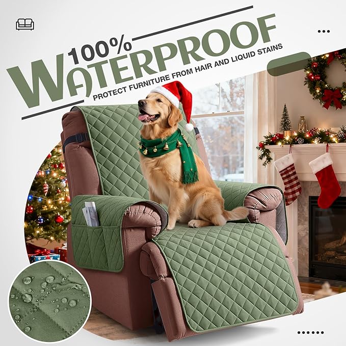 KinCam 100% Waterproof Recliner Chair Cover, Reclining Couch Covers for Pets, Dogs, Recliner Couch Slipcover Furniture Protector with Elastic Straps for Kids(28", Cactus Green)