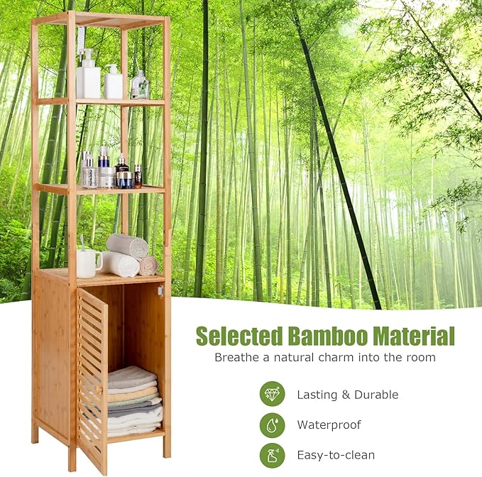 Tangkula Bathroom Cabinet, 65 Inch Tall Slim Bathroom Storage Cabinet with Shutter Door and 3 Open Shelves, Narrow Multifunctional Tower Cabinet, Natural Bamboo, 15.5 x 14.5 x 65 Inch