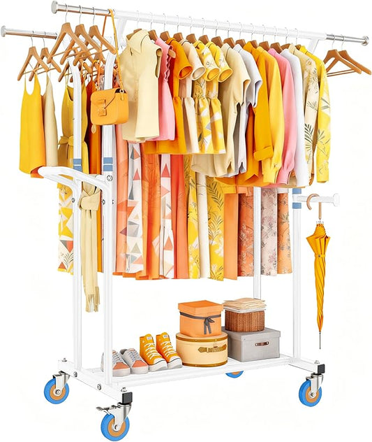 Heavy Duty Clothes Rack for Hanging Clothing: 800LBS Rolling Coat Racks Poartable Garment with Wheels Shelves Freestanding Sturdy Metal Adjustable Extendable Bedroom Laundry Living Room
