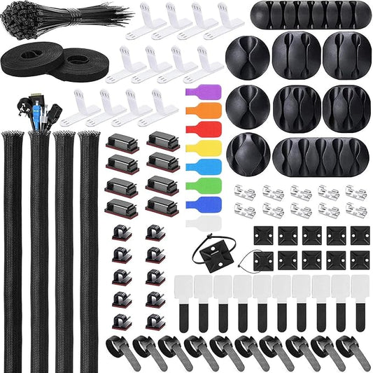 Cable Management Kit - 4 Cable Sleeve, 57 Self Adhesive Cable Clips, 12 Hanging Strips, 12 Cable Organizer Straps and 100 Fastening Cable Ties for TV Computer Under Desk (Black and White)