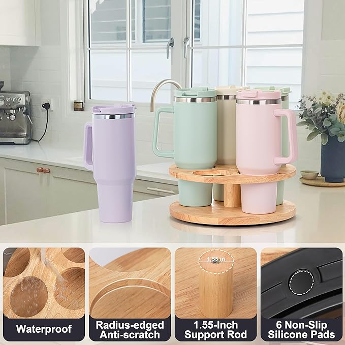 MyLifeUNIT Water Bottle Organizer for Stanley Cups 40oz/30oz/20oz, 360° Rotating Wooden Tumbler Organizer, Stanley Cup Holder for Cabinet Storage (Yellow)