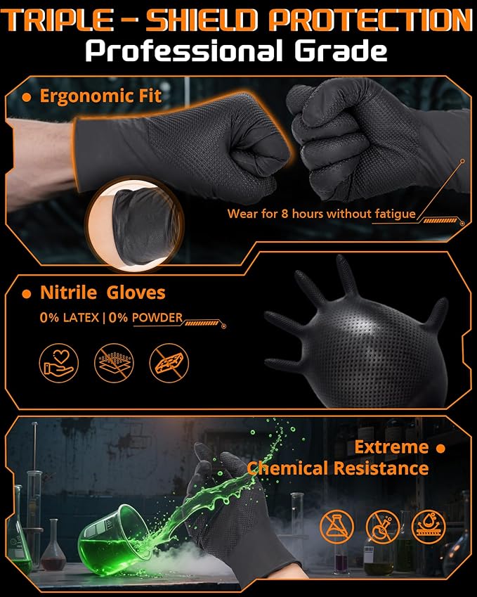 nitroshield 9mil Heavy Duty Disposable Nitrile Gloves, Black XLarge 800Pcs -Chemical Resistant, Latex Powder Free Rubber Gloves Diamond Texture for Automotive, Mechanics, Cooking,BBQ, Industrial Use