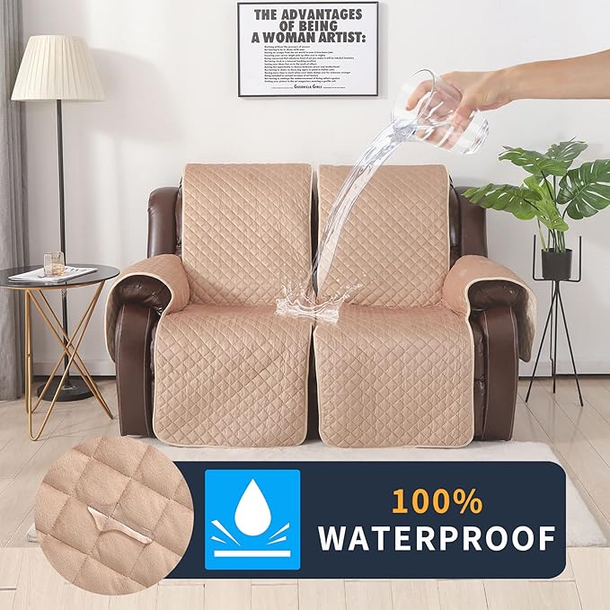LUFEIJIASHI Velvet Recliner Covers Non Slip Waterproof Large Recliner Chair Covers for Leather Chairs Recliner Sofa Cover for Living Room (Beige, 2 Seater)